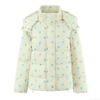 Women's Vintage Floral Print Hooded Padded Puffer Jacket Winter Warm Polyester Cotton Blend Zip Up Button Down Coat With Drawstring Hem Casual Outerwear