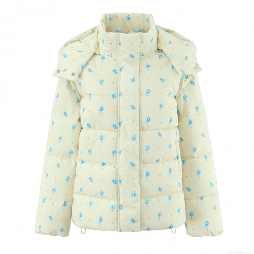 Women's Vintage Floral Print Hooded Padded Puffer Jacket Winter Warm Polyester Cotton Blend Zip Up Button Down Coat With Drawstring Hem Casual Outerwear