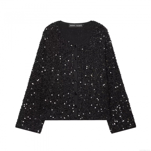 Women Sequin Sparkly Jacket Round Neck Long Sleeve Single Breasted Cardigan Elegant Party Shimmering Evening Outerwear Coat