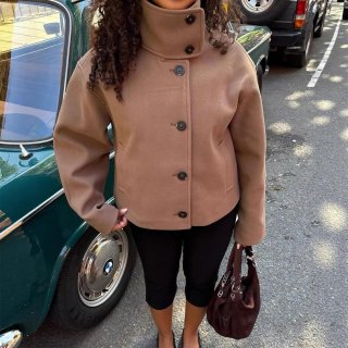 Women's Stand Collar Short Jacket Woolen Button Down Long Sleeve Warm Casual Outerwear Streetwear Autumn Winter Ladies Fashion Coat
