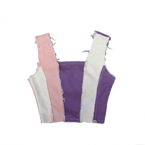 Women's Denim Patchwork Vest Zipper Front Color Block Waistcoat Raw Edge Sleeveless Short Jacket Cotton Rayon Polyester Spandex Blend Streetwear Fashion Top