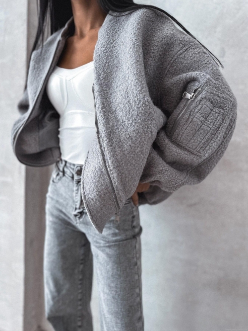 Women's Casual Polar Fleece Jacket Stand Collar Sherpa Bomber Jacket Loose Zipper Outerwear Long Sleeve With Sleeve Pocket Autumn Streetwear