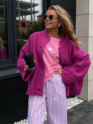 Women's Magenta Sherpa Fleece Jacket Chic French Style Loose Fit Plush Cardigan Long Sleeve Drop Shoulder Faux Fur Coat For Autumn Winter Streetwear