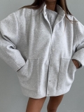 Women's Oversized Woolen Jacket Modern Minimalist Short Coat With Metal Snaps And Large Pockets Light Grey Lapel Outerwear For Spring Autumn