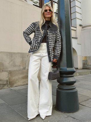 Women Houndstooth Spliced Denim Jacket Elegant Tweed Patchwork Short Coat Fashion Lapel Single Breasted Long Sleeve Outwear For Ladies Autumn Streetwear