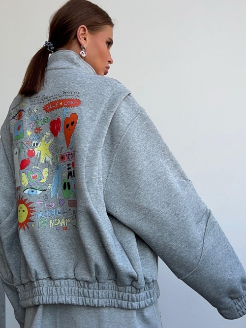 Women Oversized Grey Letter Print Stand Collar Zipper Jacket Streetwear Colorful Graffiti Cotton Blend Autumn Winter Loose Flight Suit Outerwear Hoodie