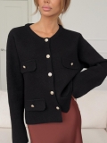 French Style Black Little Fragrance Cardigan Jacket For Women Cotton Linen Blend Long Sleeve Gold Button Tweed Texture Knitwear Office Commute Lady Top