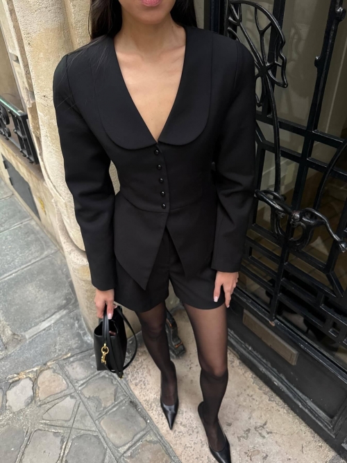 Women Peter Pan Collar Blazer Jacket Polyester Single Breasted Slim Fit Office Wear French Style Solid Black Long Sleeve Elegant High Waist Professional Outwear For Lady