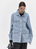 Women's Casual Loose Light Blue Denim Jacket Workwear Style Multi Pocket Long Sleeve Washed Cotton Denim Shirt Top For Spring Autumn Streetwear