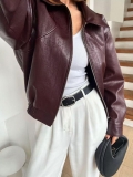 Women Burgundy PU Leather Jacket Autumn Winter Streetwear Oversized Short Bomber Coat Long Sleeve Lapel Jacket With Zipper Casual Fashion Outerwear