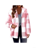 Women's Oversized Plaid Sherpa Fleece Jacket Autumn Winter Hooded Zipper Cardigan Warm Long Sleeve Furry Coat Outwear Casual Fashion Streetwear Top
