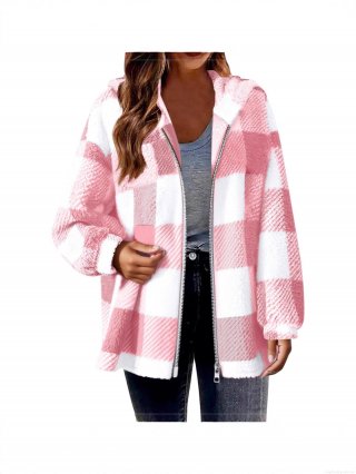 Women's Oversized Plaid Sherpa Fleece Jacket Autumn Winter Hooded Zipper Cardigan Warm Long Sleeve Furry Coat Outwear Casual Fashion Streetwear Top