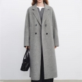 Women's Classic Double Breasted Long Woolen Overcoat Elegant Light Grey Lapel Collar Autumn Winter Outerwear Jacket Coat For Office Lady