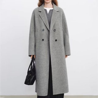Women's Classic Double Breasted Long Woolen Overcoat Elegant Light Grey Lapel Collar Autumn Winter Outerwear Jacket Coat For Office Lady