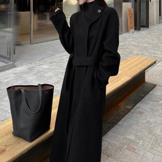 Women's Elegant Double-Sided Wool Cashmere Coat Long Loose Fit Stand Collar Lace-Up Jacket Over-The-Knee Warm Trench Coat For Winter Minimalist Korean Style Lady Outerwear