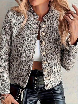 Women's Tweed Jacket Elegant Short Chic Outerwear With Gold Metal Buttons Stand Collar Long Sleeve Cardigan For Office Daily Ladies High Quality