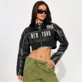 Women's Moto PU Leather Cropped Jacket Stand Collar Zipper Front New York 96 Letter Print Streetwear Biker Coat Long Sleeve Outerwear For Women