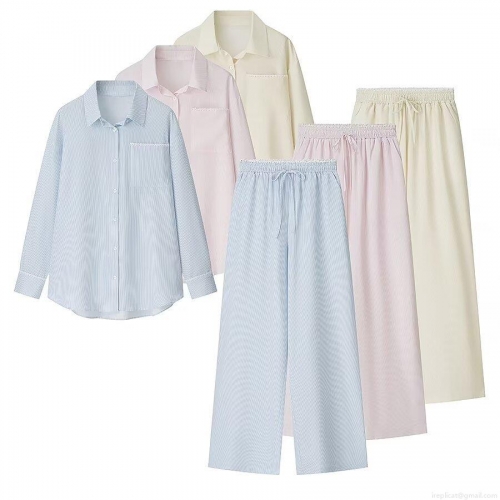 Women's Casual Striped Pajama Set Long Sleeve Shirt And Wide Leg Pants 2 Piece Sleepwear With Lace Trim Polyester Comfortable Homewear For Women