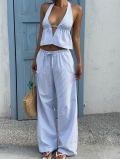 Women's Striped Two Piece Set Halter Neck V-Neck Backless Crop Top And Wide Leg Pants Outfits For Summer Vacation Beach Leisure Wear