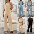Women's Casual 2-Piece Outfit Set Waffle Knit Short Sleeve Henley Top And Wide Leg Pants High Waist Lounge Set For Summer Vacation
