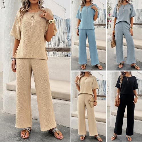 Women's Casual 2-Piece Outfit Set Waffle Knit Short Sleeve Henley Top And Wide Leg Pants High Waist Lounge Set For Summer Vacation