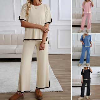 Women Elegant Knit Two-Piece Set Casual Short Sleeve Top And Wide Leg Pants With Contrast Piping Trim Loungewear Suit For Commuting Daily Wear