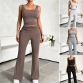 Women's 2 Piece Ribbed Knit Outfits Sleeveless Square Neck Tank Top And High Waist Drawstring Flare Pants Set Casual Summer Streetwear Tracksuit