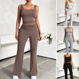 Women's 2 Piece Ribbed Knit Outfits Sleeveless Square Neck Tank Top And High Waist Drawstring Flare Pants Set Casual Summer Streetwear Tracksuit