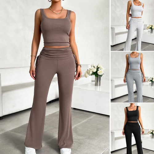 Women's 2 Piece Ribbed Knit Outfits Sleeveless Square Neck Tank Top And High Waist Drawstring Flare Pants Set Casual Summer Streetwear Tracksuit