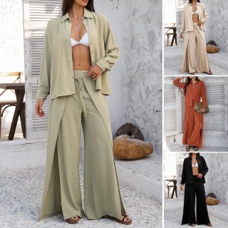 Women's 2 Piece Vacation Set Long Sleeve Button Down Shirt And High Waisted Side Slit Wide Leg Pants Casual Textured Solid Color Outfits