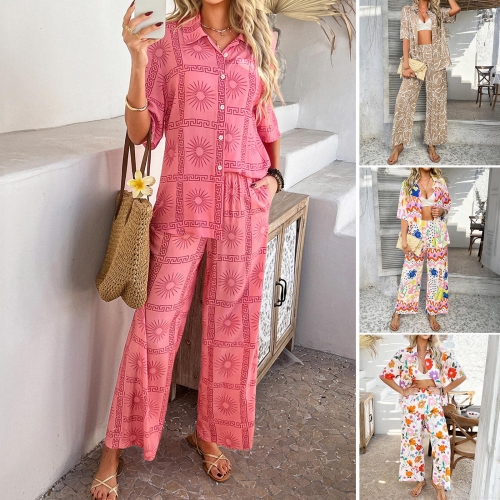 Women's Two-Piece Set Pants Suit Rayon Tencel Blend Short Sleeve Shirt And Wide Leg Long Pants Printed Vacation Beach Casual Summer Bohemian Style Clothing