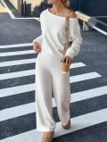 Women's Casual Off-Shoulder Long Sleeve Knit Sweater And Wide Leg Pants Two-Piece Set Solid Color Plush Warm Tracksuit Co-ords For Autumn Winter