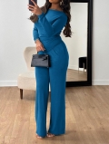 Women's Elegant One Shoulder Long Sleeve Top And Wide Leg Pants Two Piece Set Casual Ruched Solid Color Outfits For Daily Wear Party Fashion