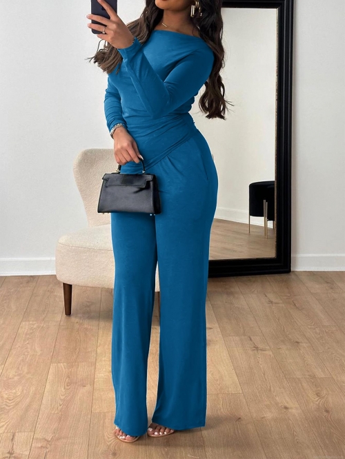 Women's Elegant One Shoulder Long Sleeve Top And Wide Leg Pants Two Piece Set Casual Ruched Solid Color Outfits For Daily Wear Party Fashion