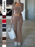 Women's 2 Piece Ribbed Knit Outfits Sets Viscose Elastane Square Neck Long Sleeve Crop Top And High Waist Flare Pants Casual Athletic Tracksuit Lounge Set