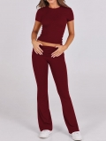 Women's Casual Two-Piece Set Short Sleeve Crop Top and High Waist Flared Pants Ribbed Knit Polyester Spandex Sporty Tracksuit Outfits