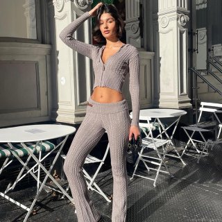 Women Sexy Cable Knit 2 Piece Set Zip Up Hooded Cropped Sweater Jacket And High Waist Flare Pants Tracksuit Streetwear Casual Autumn Winter Outfits