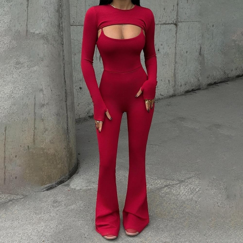 Women's Sexy Backless Cut Out Two Piece Jumpsuit Set Ribbed Knit Long Sleeve Shrug And Flare Leg Romper Set Streetwear Sporty Outfits