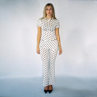 Women's Sexy Polka Dot Two-Piece Set Short Sleeve Round Neck Top And High Waist Micro Flare Pants Casual Streetwear Outfit For Women