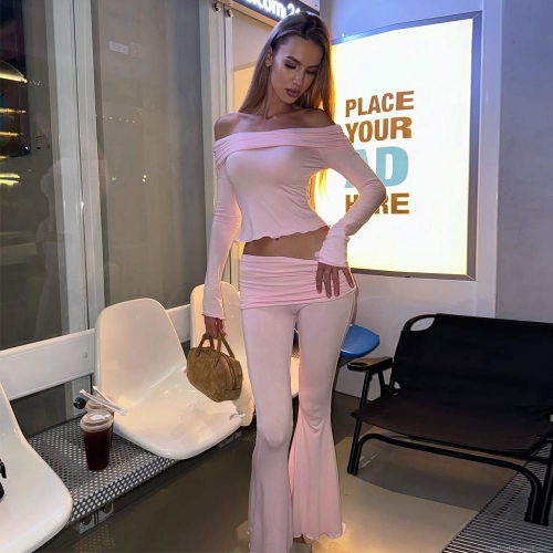 Women's Sexy Off Shoulder Long Sleeve Ruched Crop Top and High Waist Flared Bell Bottom Pants Two Piece Set Slim Fit Polyester Streetwear Tracksuit Casual Outfits