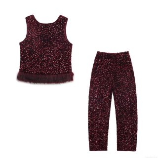 Women's Luxury Wine Red Sequin Sleeveless Top And Straight Pants Set Elegant Faux Fur Hem Two Piece Outfits For Party Evening Celebration