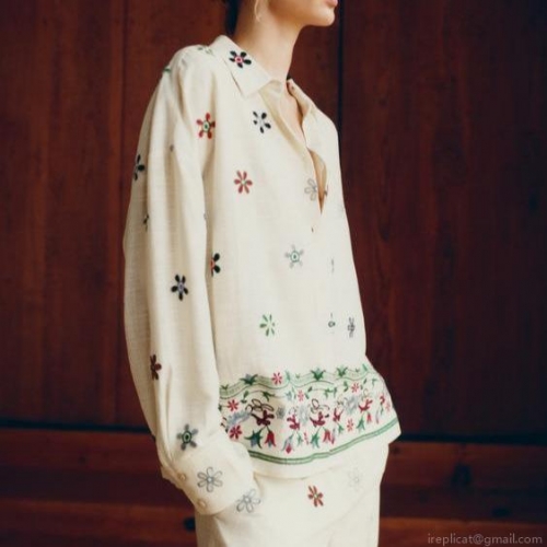 Women's Floral Embroidery Two Piece Set Long Sleeve Lapel Button Down Shirt And High Waist Wide Leg Pants Casual Loose Matching Outfits For Vacation Streetwear