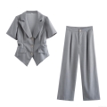 Women's Two-Piece Pants Set Elegant Short Sleeve Blazer And High Waist Straight Leg Trousers Business Office Lady Work Suit Solid Color Grey Outfits