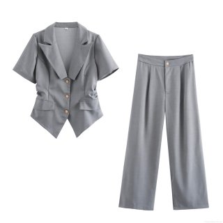 Women's Two-Piece Pants Set Elegant Short Sleeve Blazer And High Waist Straight Leg Trousers Business Office Lady Work Suit Solid Color Grey Outfits