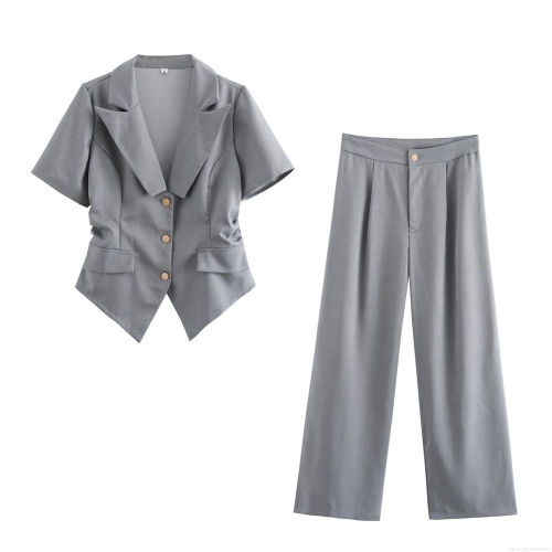 Women's Two-Piece Pants Set Elegant Short Sleeve Blazer And High Waist Straight Leg Trousers Business Office Lady Work Suit Solid Color Grey Outfits