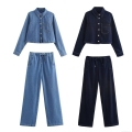 Women's Casual Denim Two Piece Set Turn Down Collar Button Up Shirt And Elastic Waist Drawstring Long Pants Solid Color Jeans Outfit For Women