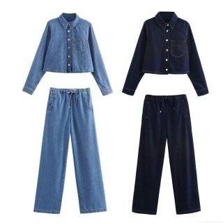 Women's Casual Denim Two Piece Set Turn Down Collar Button Up Shirt And Elastic Waist Drawstring Long Pants Solid Color Jeans Outfit For Women