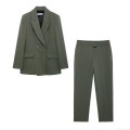 Women's Elegant Business Suit Set 100% Polyester Double Breasted Blazer And Straight Leg Trousers Two-Piece Outfit For Office Commute Professional Lady Clothing