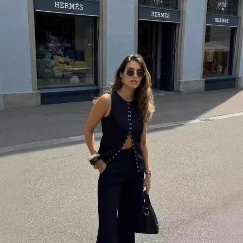 French Style Women's Two Piece Set Sleeveless Hook-and-Eye Vest Top And Straight Leg Long Pants Elegant Commute Office Lady Outfit