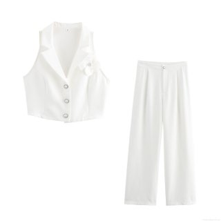 Women's Elegant 2 Piece Pants Set White Sleeveless Vest Top With 3D Flower Decoration High Waist Wide Leg Trousers Suit For Office Commuter Lady Fashion Outfit